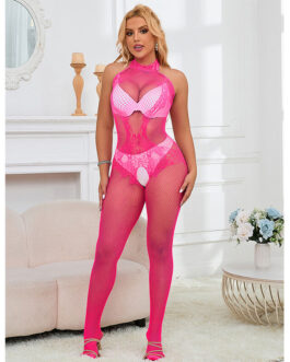 SUBBLIME – 952389 BODYSTOCKING A RETE E PIZZO SENZA CAVALLO CON COLLO ALTO ROSA TAGLIA UNICA