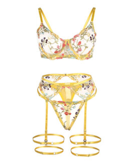 SUBBLIME – 954352 REGGISENO + PERIZOMA + CINTURA CON FIORI GIALLO L/XL