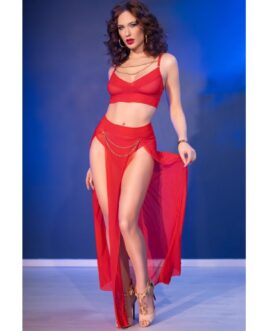 CHILIROSE – CR 4848 SET REGGISENO IN PIZZO ROSSO + PERIZOMA + CALZE T
