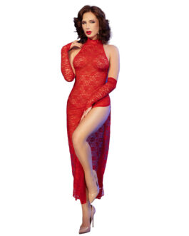 CHILIROSE – CR 4853 ABITO IN PIZZO ROSSO CON GUANTI S/M
