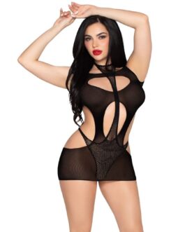 LEG AVENUE – 81680 MINI ABITO OPACO E TEDDY CON SCOLLO A V NERO – TAGLIA UNICA