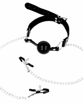 OHMAMA FETISH – MORDAZA BOLA NEGRA CON PINZAS PEZONES