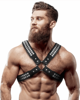 FETISH SUBMISSIVE ATTITUDE – IMBRACATURA IN ECOPELLE CON PETTO INCROCIATO DA UOMO CON RIVETTI