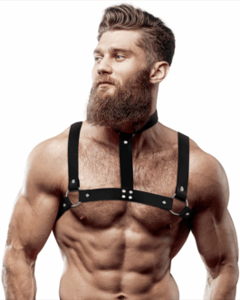 FETISH SUBMISSIVE ATTITUDINE – IMBRACATURA REGOLABILE IN ECOPELLE CON COLLANA PER UOMO