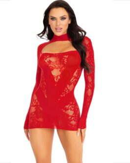 LEG AVENUE – MINI VESTIDO DE ENCAJE CON MANGA LARGA ROJO