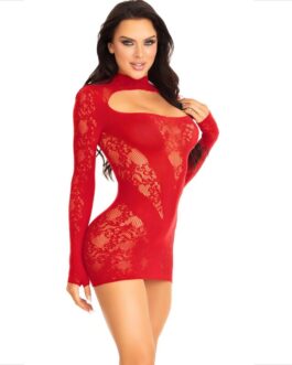 LEG AVENUE – MINI VESTIDO DE ENCAJE CON MANGA LARGA ROJO