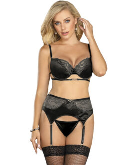 SUBBLIME – SET DE 3 PIEZAS SUJETADOR + TANGA + LIGA ENCAJE NEGRO S/M