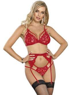 SUBBLIME – SET DE 3 PIEZAS SUJETADOR + TANGA + LIGA ENCAJE ROJO S/M