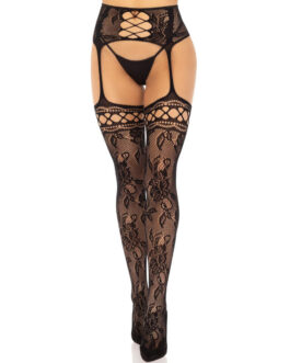 LEG AVENUE – CALZE REGGER IN PIZZO FLOREALE NERO