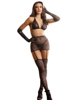 SUBBLIME – 952174 BODYSTOCKING A RETE CON GUANTI E STRASS NERO TAGLIA UNICA