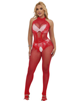 SUBBLIME - 952372 BODYSTOCKING A RETE E PIZZO SENZA CAVALLO CON COLLO ALTO ROSSO TAGLIA UNICA