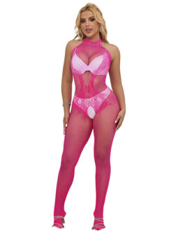 SUBBLIME – 952389 BODYSTOCKING A RETE E PIZZO SENZA CAVALLO CON COLLO ALTO ROSA TAGLIA UNICA