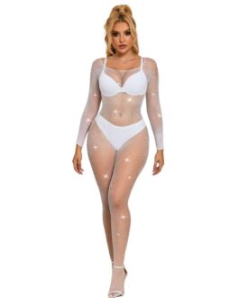 SUBBLIME – 952396 BODYSTOCKING A RETE CON STRASS MANICA LUNGA BIANCO TAGLIA UNICA