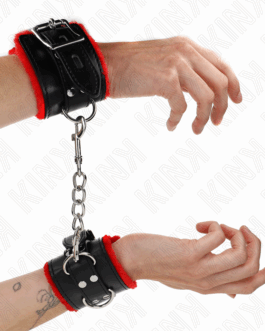 KINK – POLSINI IMBOTTITI IN PELLICCIA CON FORI QUADRI CINTURA ROSSA E NERA REGOLABILE 17-29 CM X 6 CM