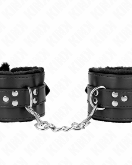 KINK – POLSINI IMBOTTITI IN PELLICCIA CON FORI QUADRI NERI E CINTURA NERA REGOLABILE 17-29 CM X 6 CM