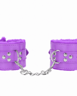 KINK – POLSINI IMBOTTITI IN PELLICCIA CON FORI QUADRI VIOLA E CINTURA VIOLA REGOLABILE 17-29 CM X 6 CM