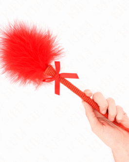 KINK – BACCHETTA IN CORDA DI NYLON CON PIUME TICKLE E FIOCCO ROSSO 25 CM