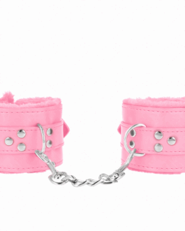 KINK – POLSINI IMBOTTITI IN PELLICCIA CON FORI QUADRI ROSA E CINTURA ROSA REGOLABILE 17-29 CM X 6 CM