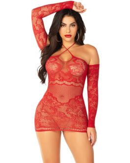 LEG AVENUE – ABITO MINI A RETE CON MANICHE LUNGHE E SPALLE SCOPERTE ROSSO