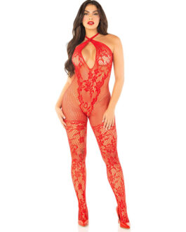 LEG AVENUE – BODYSTOCKING A MAGLIA CON STAMPA A FIORI ROSSO TAGLIA UNICA
