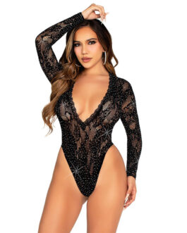 LEG AVENUE – BODY IN PIZZO E MANICA LUNGA CON STRASS NERO TAGLIA UNICA