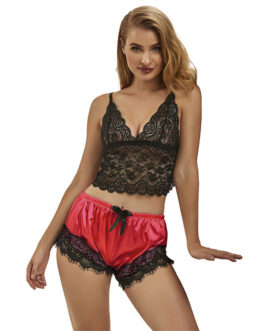 SUBBLIME – 953966 VESTAGLIA DA NOTTE CASUAL IN SETA + PANTALONI IN PIZZO NERO/ROSSO L/XL