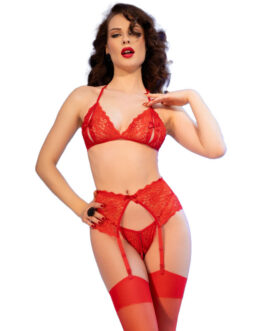 CHILIROSE – CR 4848 SET SUJETADOR + TANGA + MEDIAS DE ENCAJE ROJO S
