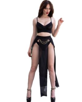 CHILIROSE – CR 4672 TOP NEGRO FALDA Y TANGA CON CADENAS DORADAS S