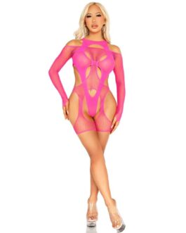 LEG AVENUE – BODYSTOCKING A RETE CON CINTURA E IMBRACATURA ROSA NEON