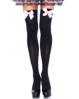 LEG AVENUE – CALZANTE IN NYLON NERO CON FIOCCO ROSA TAGLIA UNICA
